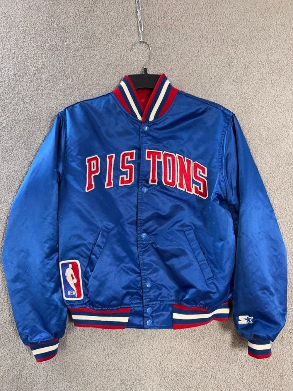 Vintage 90s Starter Detroit Pistons Youth L Satin NBA Jacket Blue Made Jamaica